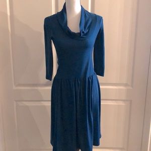 Cowl Neck Blue 3/4 Sleeve Midi Dress - Size Medium